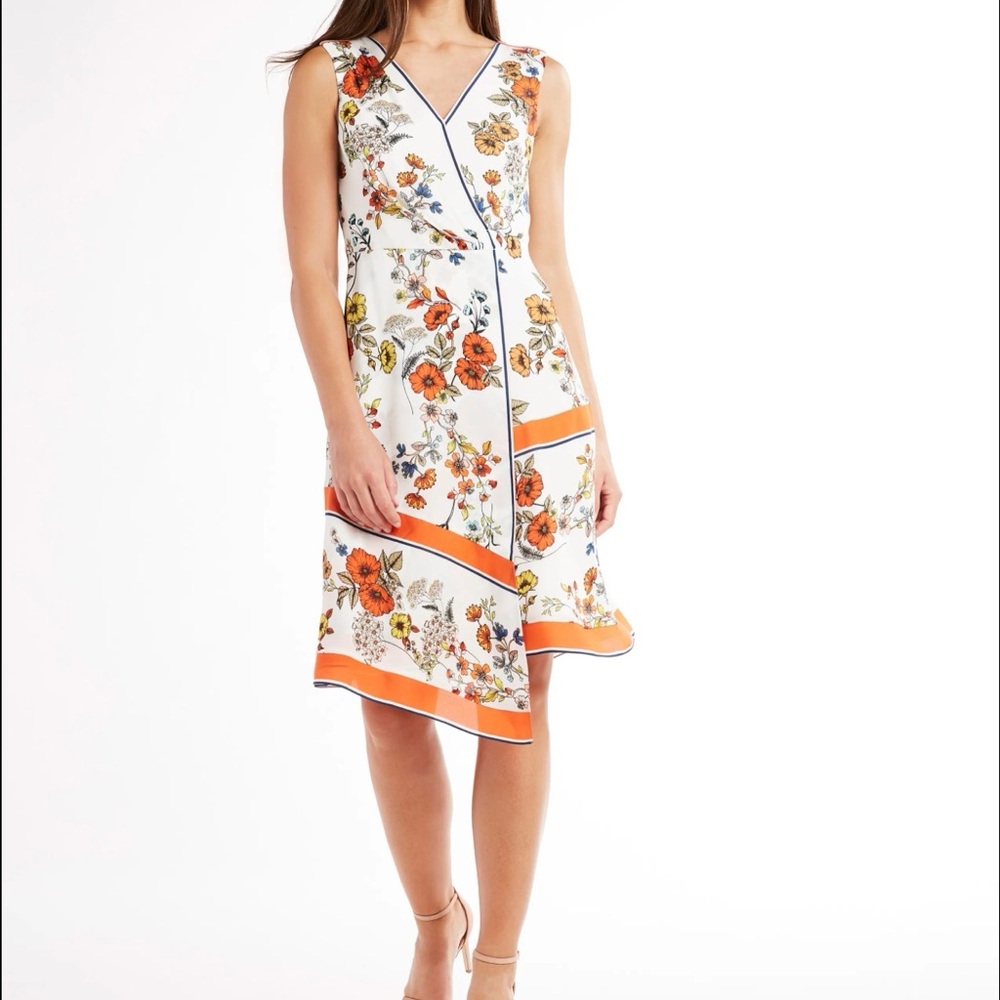 Elie Tahari White Midi Dress with Orange Floral Print
